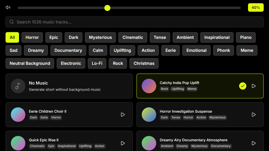 Virvid library of 1000+ royalty-free copyright-free music tracks sorted by mood like epic, horror, chill for viral TikTok and Instagram Reels videos