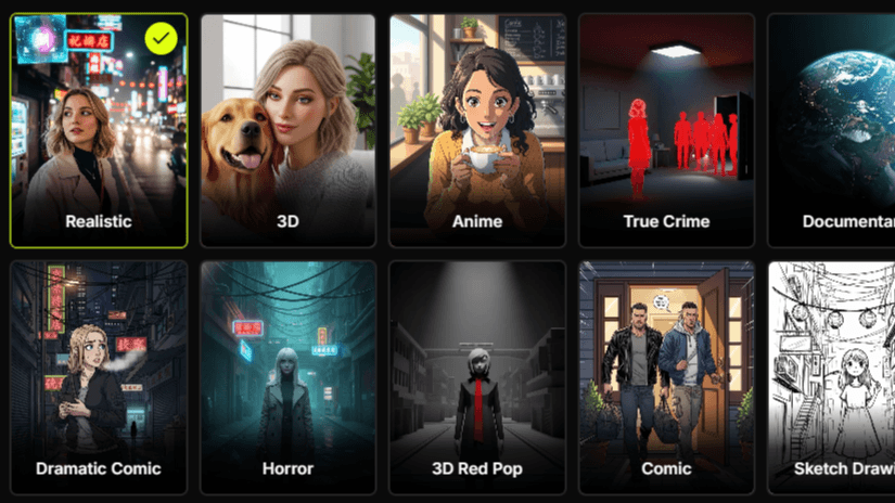 Virvid gallery of trending AI visual styles like anime, cinematic, and webcomic for faceless TikTok Reels and YouTube Shorts videos