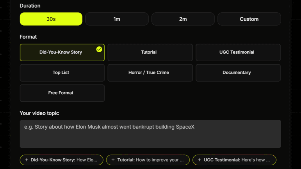 Virvid AI video script generator showing trending TikTok and YouTube Shorts formats like UGC, storytelling, and rankings with AI refinement tools